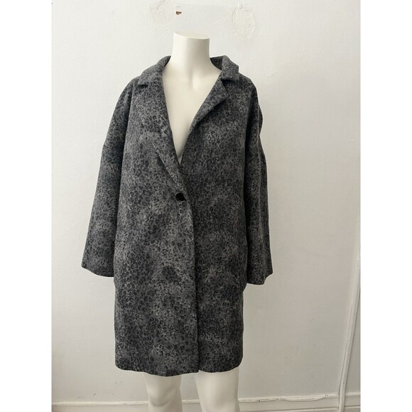 Helen Berman Gray Leopard Cheetah Wool Blend Long Button Front Pea Coat Size 12 - Picture 1 of 10